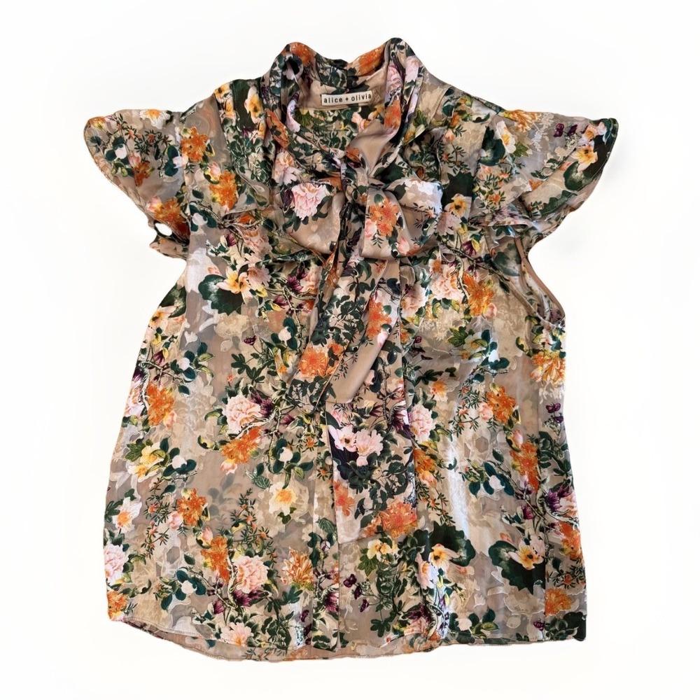 Alice + Olivia Shirt Womens Medium Multicolor Floral Silk Blend Bow Tunic